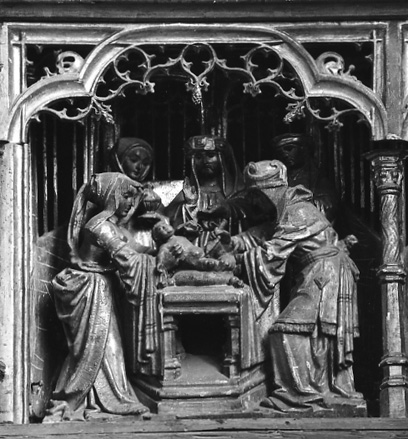 Passie-retabel, paneeltje beneden: besnijdenis van het Christuskind door de priester in de tempel