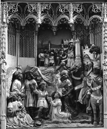 Hoofdaltaar, retabel met scènes uit het leven van sint Stefanus, detail: steniging van Stefanus