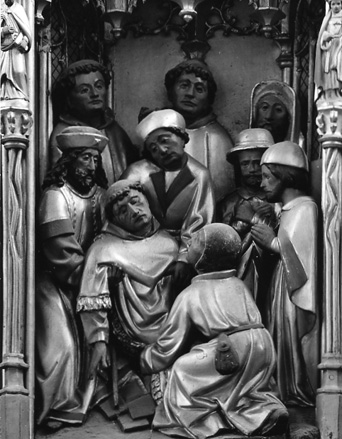 Hoofdaltaar, retabel met scènes uit het leven van sint Stefanus, detail: graflegging van Stefanus