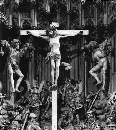Retable (passie van Christus en legende van Dionysus), centrale scène, detail: kruisiging van Christus, bijgewoond door een grote menigte