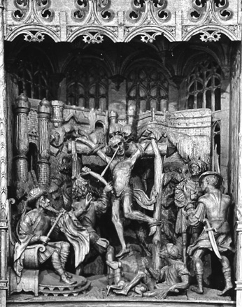 Retabel van Sint Quirinus van Neuss; detail: martelscène: uitsteken van ogen van martelaar