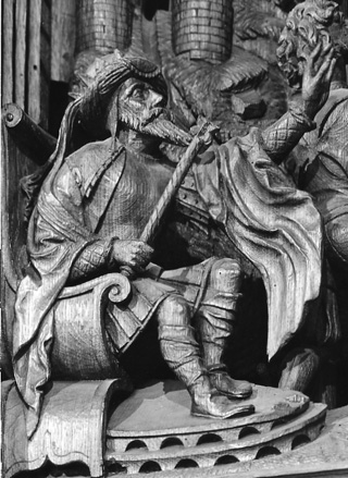 Retabel van Sint Quirinus van Neuss;  martelscène, uitsteken van ogen van martelaar; detail: zittende man