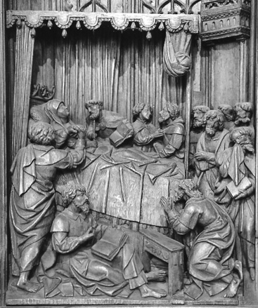Retabel met scènes uit het leven van Maria, detail: Maria op haar sterfbed, de apostelen hebben zich rond haar verzameld