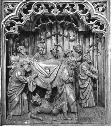 Retabel met scènes uit het leven van Maria, detail:   de begrafenis van Maria, de begrafenisstoet