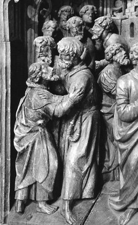 Retabel met scènes uit het leven van Maria: de miraculeuze bijeenkomst der apostelen, detail
