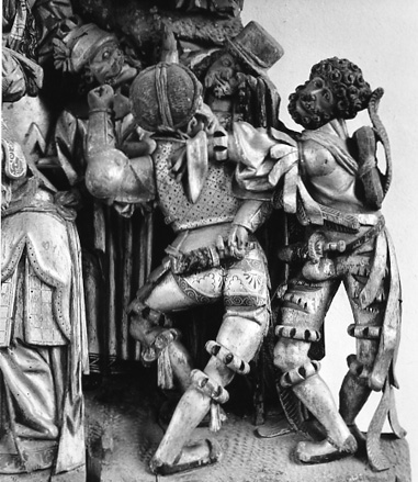 Deel van het Passie-altaar, centrale scène: kruisiging van Christus, deel van de menigte onder het kruis (detail)