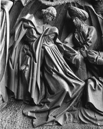 Passieretabel, Christus' dood aan het kruis (Golgotha), detail: Johannes en Maria (bezwijmend) onder het kruis