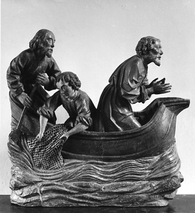 Fragment van een altaarretabel: Wonderbare visvangst, met Jakobus, Johannes en Petrus (oorspronkelijke figuur van Christus ontbreekt)