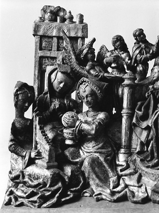 Maria met Christuskind en heilige vrouwen, detail: de heilige vrouwen, engelen op de achtergrond