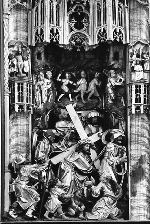 Hoofdaltaar, retable, detail: Christus draagt het kruis (en Christus ontmoet Veronica met een zweetdoek)