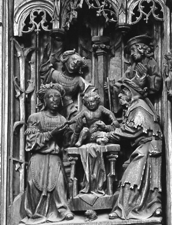 Retabel met scènes uit het leven van Maria: besnijdenis van het Christuskind door de priester in de tempel
