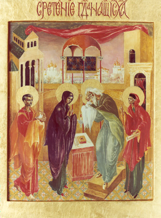 Icoon: Presentatie van het Christuskind in de tempel, Simeon (houdt het Christuskind in zijn armen) en Anna aanwezig, Jozef met twee duiven