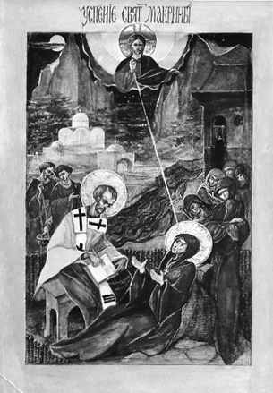 Icoon: Dood van de heilige Macrina (de Jongere); links: de heilige Gregorius van Nyssa