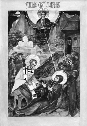 Icoon: Dood van de heilige Macrina (de Jongere); links: de heilige Gregorius van Nyssa