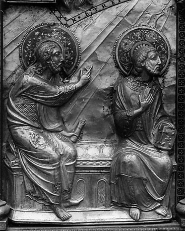 Pinksterretabel met afbeeldingen van de apostelen en Christus, detail: twee apostelen