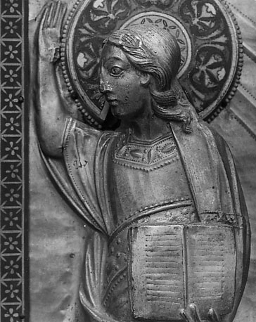 Pinksterretabel met afbeeldingen van de apostelen en Christus, detail:  apostel met boek