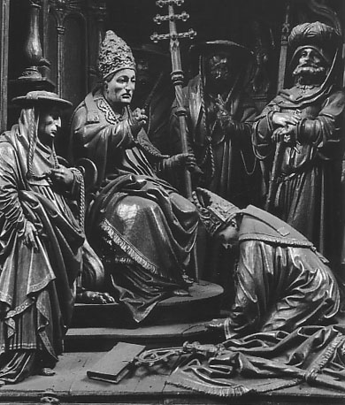 Retabel: Passie van Christus en de legende van de heilige Dionysius; detail: scène (onderaan het retabel) over de heilige Dionysius