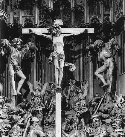 Retabel: Passie van Christus en de legende van de heilige Dionysius; detail: Christus aan het kruis (centrale scène)