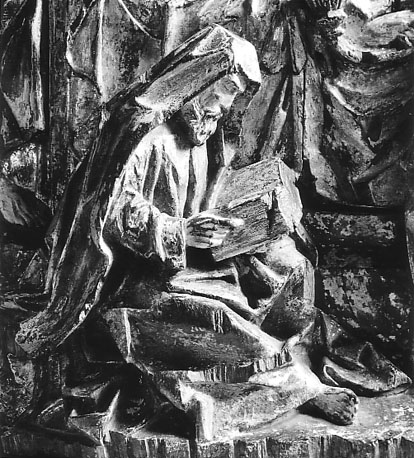 Het sterfbed van Maria; de apostelen hebben zich rondom haar verzameld, detail: lezende apostel