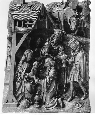 Retabelfragment, Aanbidding der Wijzen: Maria met het Christuskind op haar schoot, Jozef op de achtergrond, drie koningen met hun giften, bediende met paarden op de achtergrond