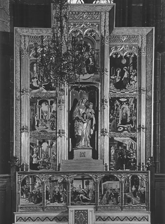 Retabel met geschilderde voorstellingen van episodes uit het leven van Maria; in het midden: gesneden Madonna (Maria met Christuskind)