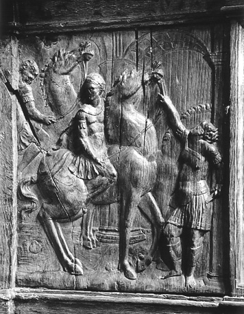 Koorgestoelte, detail: paneel met ruiters