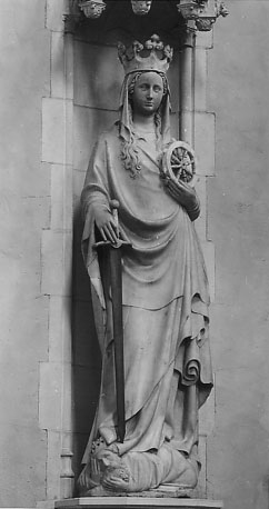 Heilige Catharina van Alexandrië (met kroon, wiel en zwaard, keizer Maxentius onder haar voeten)