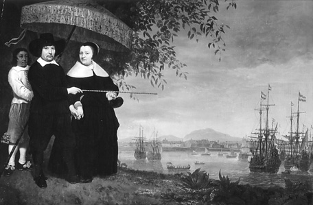 Portret van een opperkoopman van de VOC, vermoedelijk Jacob Mathieusen en zijn vrouw; op de achtergrond de retourvloot op de rede van Batavia. Een Indische jongen houdt een parasol boven het paar.