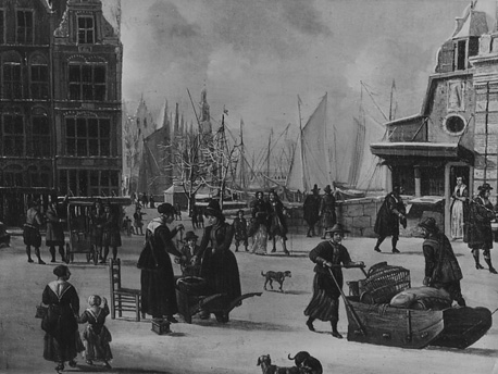 Het Paalhuis en de Nieuwe Brug te Amsterdam in de winter