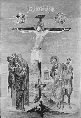 Icoon: Christus aan het kruis met de terurende Maria ondersteund door drie vrouwen, Johannes met een Romeins soldaat aan de andere kant van het kruis
