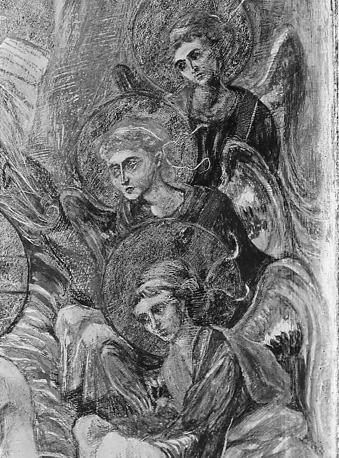 Icoon: Doop van Christus in de Jordaan, de Heilige Geest daalt neer als duif; detail: engelen