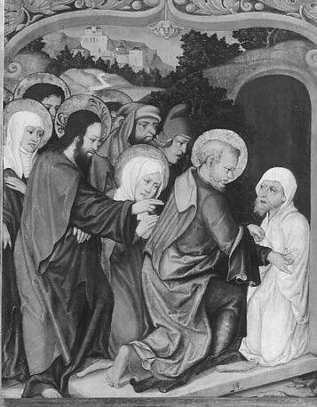 Opwekking van Lazarus. Petrus bevrijdt Lazarus van de touwen om zijn handen