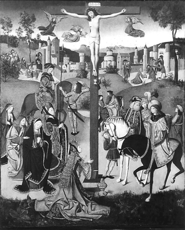 Verschillende taferelen uit het lijdensverhaal van Christus; centraal tafereel: Christus aan het kruis
