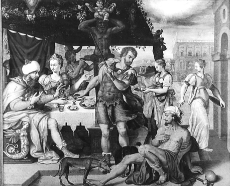 De rijke man viert feest, terwijl de arme Lazarus van de honger sterft bij de poort (Nieuwe testament, parabel)