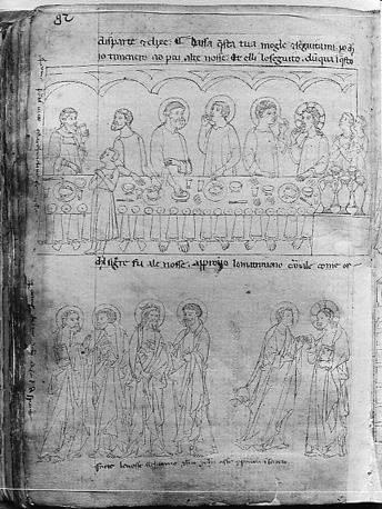 Geïllustreerd handschrift: het bruiloftsfeest in Kana (?) (boven); Christus met discipelen (beneden)