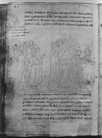 Geïllustreerd handschrift: Christus (met nimbus) aan het hoofd van zijn discipelen en een menigte (links)
