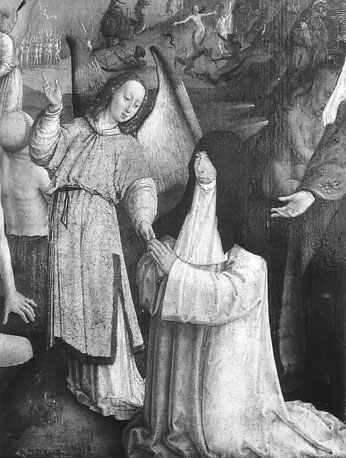 Retabel, achterzijde: Het Laatste Oordeel; detail:engel en knielende Jeanne de Boubais (abdis van Flines)