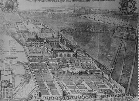Gezicht op een klooster met landerijen (tekening)