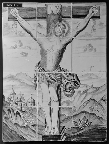 Tableau van 12 tegels: Christus aan het kruis
