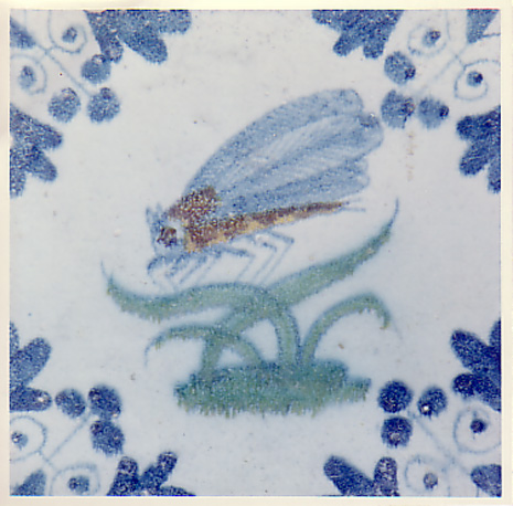 Tegel (veelkleurig) met gevleugeld insect op een plant