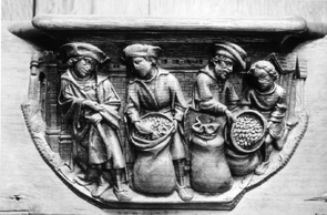 Koorbanken, detail: misericorde met Joseph die iedereen beveelt zijn zilver terug te geven in zijn zak.