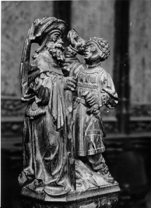Koorbanken, detail: knop met Laban die hoort dat Jacob is weggelopen.